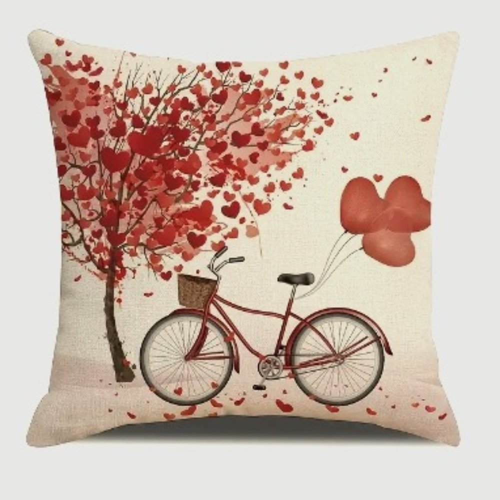 Red Hearts and Bike Print Accent Pillow Cover Home Decor